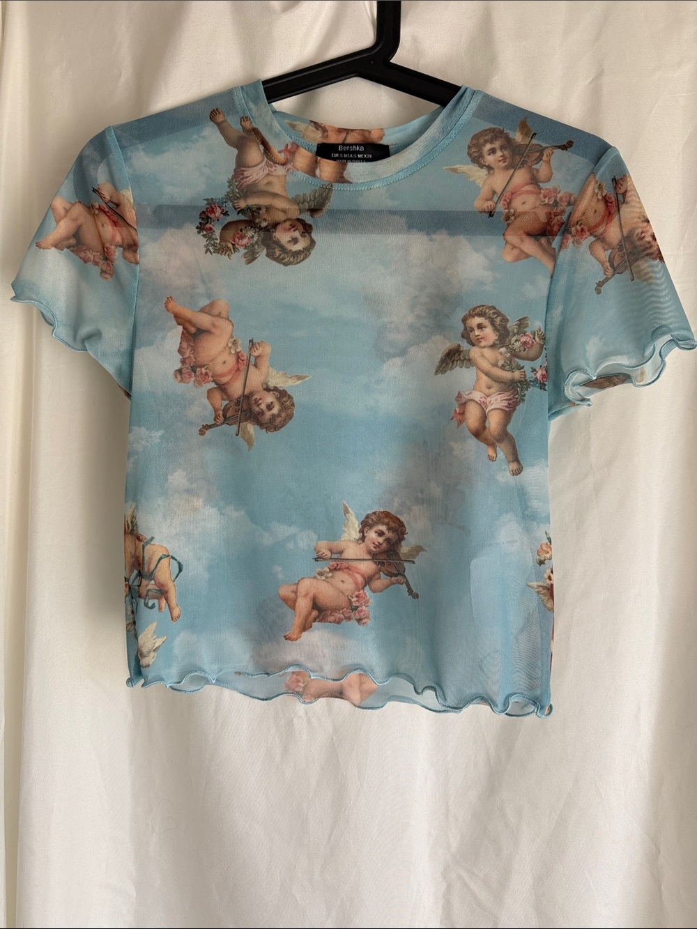 Bershka Sky-Blue Sheer Cherub Mesh Tee